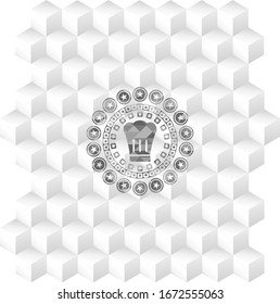 chef hat icon inside grey icon or emblem with geometric cube white background