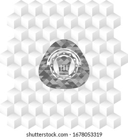 chef hat icon inside grey emblem with cube white background