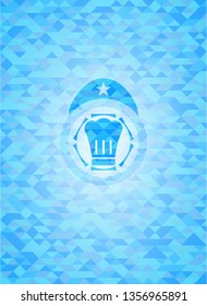 chef hat icon inside light blue emblem with mosaic ecological style background