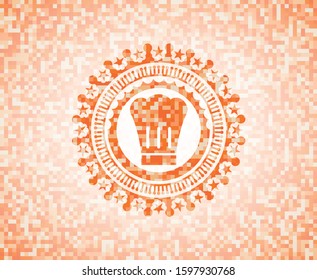 chef hat icon inside orange tile background illustration. Square geometric mosaic seamless pattern with emblem inside.