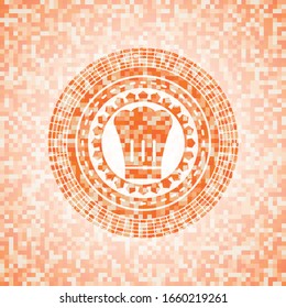 chef hat icon inside orange tile background illustration. Square geometric mosaic seamless pattern with emblem inside.