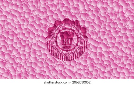icono del sombrero chef dentro del emblema rosa con fondo de burbujas. Vintage. Ilustración vectorial. Detallado. 