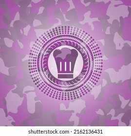 chef hat icon inside pink and purple camouflage texture. 