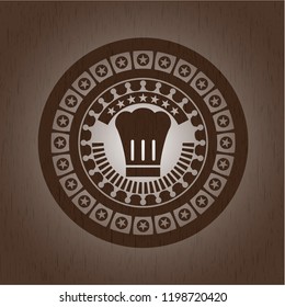 chef hat icon inside realistic wooden emblem