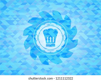 chef hat icon inside realistic sky blue mosaic emblem
