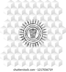 chef hat icon inside realistic grey emblem with geometric cube white background