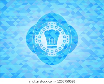 chef hat icon inside realistic light blue emblem. Mosaic background