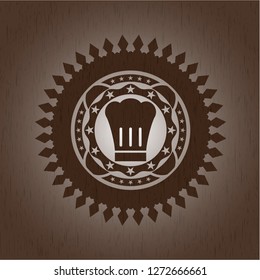chef hat icon inside realistic wood emblem