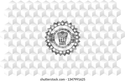 chef hat icon inside realistic grey emblem with cube white background
