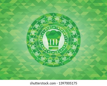 chef hat icon inside realistic green emblem. Mosaic background