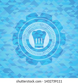 chef hat icon inside realistic light blue mosaic emblem
