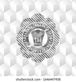 icono del sombrero chef dentro de emblema gris realista con fondo blanco cúbico