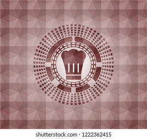 chef hat icon inside red seamless emblem or badge with abstract geometric pattern background.