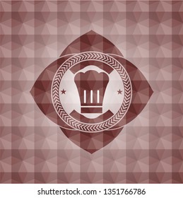 chef hat icon inside red seamless emblem or badge with abstract geometric pattern background.