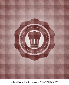chef hat icon inside red emblem or badge with abstract geometric pattern background. Seamless.