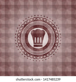 chef hat icon inside red seamless emblem with geometric pattern background.