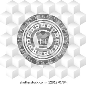chef hat icon inside retro style grey emblem with geometric cube white background