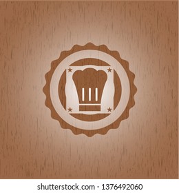 chef hat icon inside retro style wooden emblem