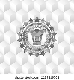 chef hat icon inside retro style grey emblem with geometric cube white background. 