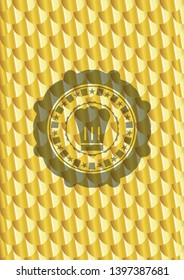 chef hat icon inside shiny golden emblem. Scales pattern. Vector Illustration. Detailed.