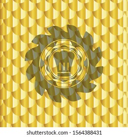 chef hat icon inside shiny golden emblem. Scales pattern. Vector Illustration. Detailed.