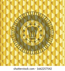 chef hat icon inside shiny golden emblem. Scales pattern. Vector Illustration. Detailed.