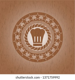 chef hat icon inside wooden emblem. Retro