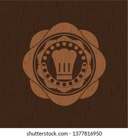 chef hat icon inside wooden emblem. Retro