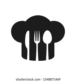 Chef hat icon. Kitchen logo with fork, spoon and knife icon - stock vector