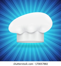 Chef hat icon on blue background with rays. EPS10 vector