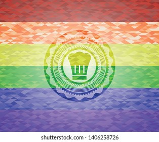 chef hat icon on mosaic background with the colors of the LGBT flag