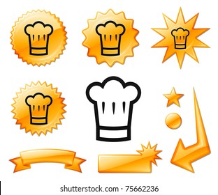 Chef Hat Icon on Orange Burst Banners and Medals Original Vector Illustration