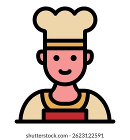 Chef em um ícone de chapéu. Chef de contorno em um ícone de vetor de chapéu cor plana isolado
