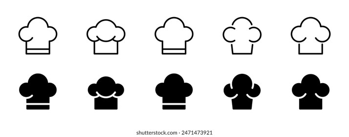 Chef hat icon set. Chef's hat, cook signs collection. Kitchen, restaurant symbol. Vector filled, solid, outline icons