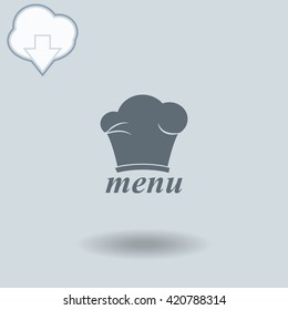 Chef hat icon with shadow. Cloud of download with arrow.