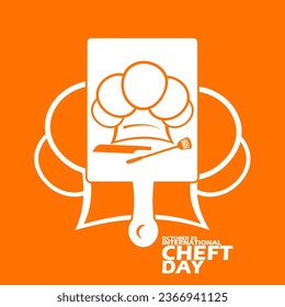 Icono de sombrero de chef con espátula y cuchillo en tabla de corte, con texto en negrita aislado en fondo naranja para celebrar el Día Internacional de los Chefs el 20 de octubre