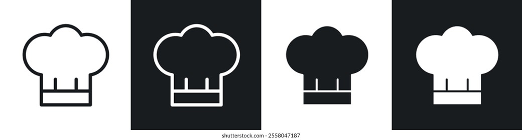 Chef hat icons pack in black and white filled and outlined versions.