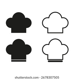 Ícones de chapéu Chef. Símbolos culinários profissionais. Ilustração de vetor preto. Emblema de restaurante de comida. EPS 10.