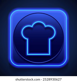 Chef hat, kitchen simple icon. Flat design. Blue neon style on button. With shadow.ai