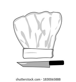 Chef Hat and knife outline logo.Kitchen simple black icon. Isolate on white background.