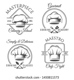 Chef Hat Label Set. Gourmet Chef Food Vector Emblems, Chefs Kitchen Workshop Or Cooking Club Labels Illustration