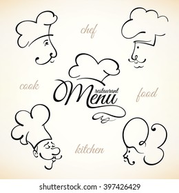 Chef hat labels set for restaurant menu design. Food and drinks logotype symbols
