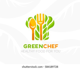 Chef hat with leaves and kitchen utensil. Logo template. Conceptual icon for natural, vegan, bio, organic farm, healthy vegan product store or shop.