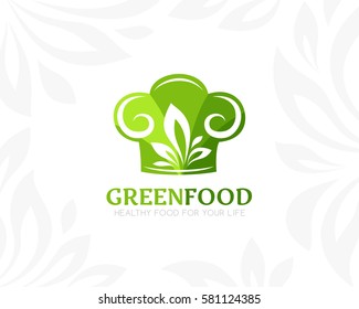 Chef hat with leaves logo template. Conceptual icon for natural, vegan, bio, organic farm, healthy vegan product store or shop.