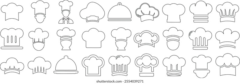 Chef hat line icon set, perfect chef cap illustration for culinary projects, restaurant branding, menu designs, and kitchen related themes. Ideal for chefs and food businesses