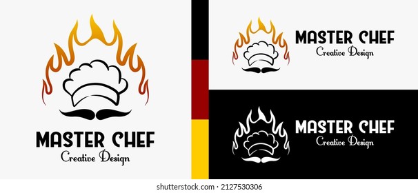 chef hat logo design template, mustache icon and fire icon in creative concept. premium vector logo illustration