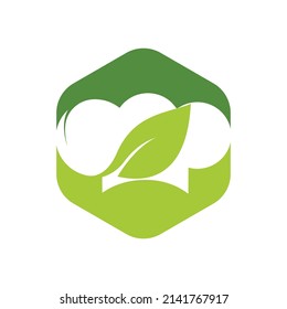 Chef hat logo with green leaf vector logo design. Organic food logo concept.	