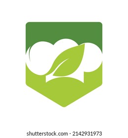 Chef hat logo with green leaf vector logo design. Organic food logo concept.	