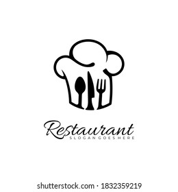 Plantilla del logotipo del sombrero de chef. Sombrero de chef con cuchara, tenedor y cuchillo en línea estilo logo de arte