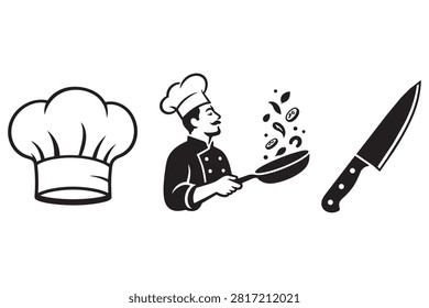 Chef hat man cooking with pan and kitchen knife icon set